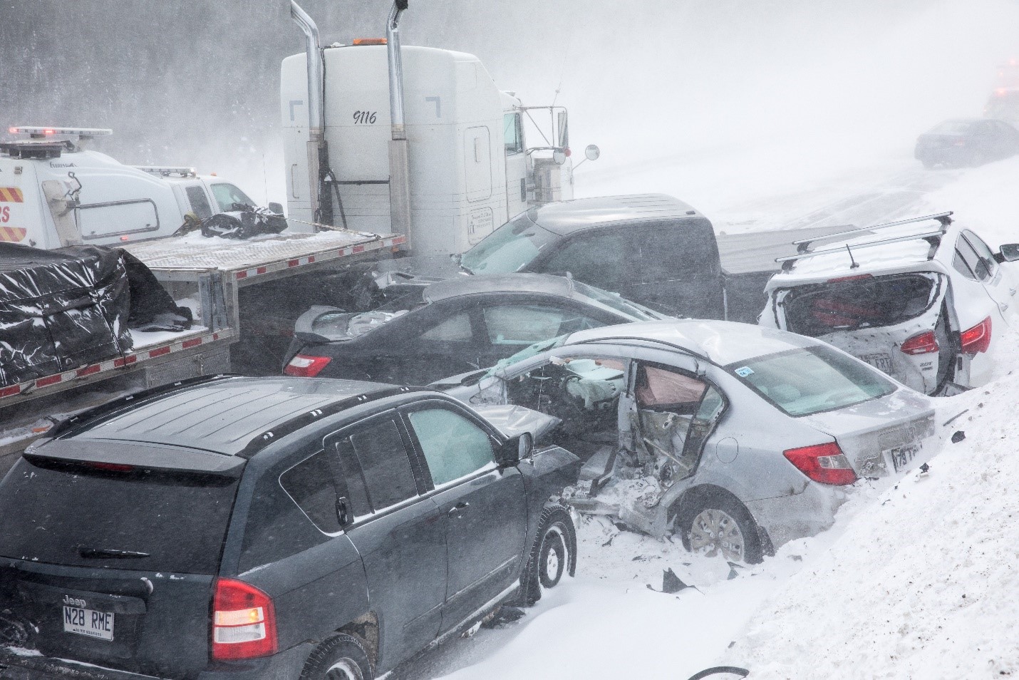 Winter Semi-Truck Accident Pile-Up